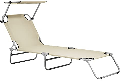 casa.pro Sonnenliege mit Dach Argozelo Liegestuhl klappbar Strandliege bis 110 kg Beige Gartenliege mit Rückenlehne verstellbar 186 x 55 x 24 cm Stahlgestell