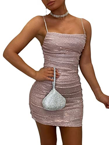Onsoyours Femme Mini Club Robe Sexy Moulant sans Manche Spaghetti Sangle Robe Courte Paillette Brillante Robe Plissé de Soirée Fête Cocktail A Rose XS