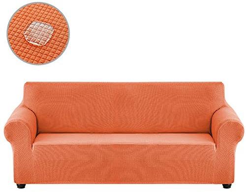 XVBVS Super-Stretch-Sofa überzug, wasserdichte Sofabezüge, Weiche und Atmungsaktive Couch überzug, Möbelschutz mit Unteren Elastischen Riemen für Kinder und Haustiere- Orange|| 3 Seater