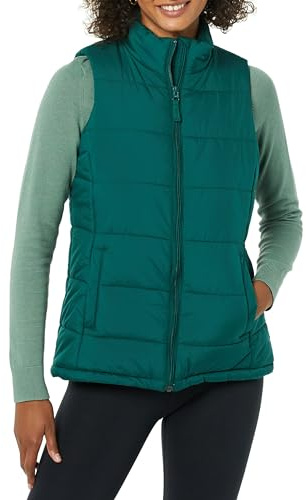 Amazon Essentials Smanicato con Cerniera di Peso Medio Donna, Verde Scuro, XS