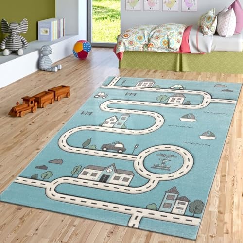 TT Home Kinderzimmer Kurzflor Teppich Spielmatte Straße Stadt Autos Spielteppich In Blau, Größe:120 cm Rund