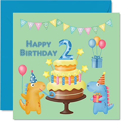 Geburtstagskarte Jungen zum 2. Geburtstag Dinosaurier-Geburtstagskarte | Happy Birthday Karte 2 Jahre alt Jungen Geburtstagskarten ihn 145 mm x 145 mm Grußkarte Sohn Neffe Enkel Kinder Kinder
