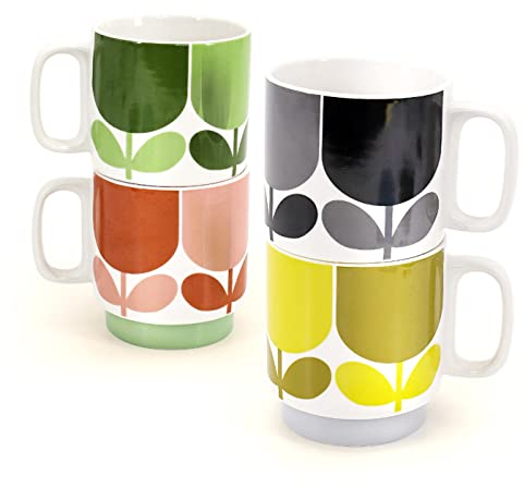 Orla Kiely Set of 4 Stacking Mugs Block Flower Multicoloured Gift Boxed