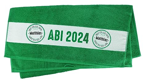 Herz & Heim® Badetuch zum Abi 2025-70 cm x 140 cm (B/H) - Reif für die Insel - mit Namen Grün