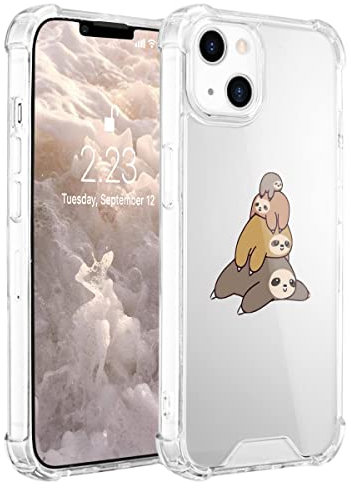Idocolors Clear Funny Sloth Phone Case for iPhone 13 mini Shockproof Slim Phone Case Hard Plastic Back + TPU Soft Bumper with Air Cushion Protective Cover for Kids Women