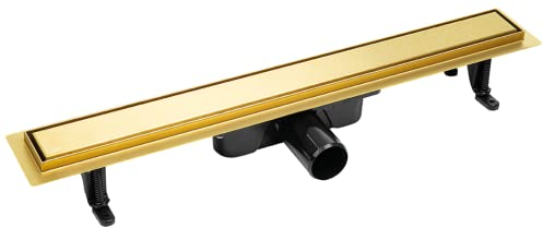 ADGO Basso Duschablauf, Umkehrbarer Rost - unter Fliesen oder Voll, Duschabfluss, Bodenablauf, Randablauf, Abfluss in der Dusche, Duschrinne, Edelstahl, Rechteckig (500 mm, Golden)