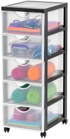 Iris Ohyama Kunststoff-Schubladenbox mit Rollen, 5 tiefen Schubladen, Schwarz, Griffe zum Ziehen, Für Schlafzimmer, Bad, Schule & Büro, BPA-frei, Schubladenschrank, Rollcontainer, A4 Drawer, DDDC-005