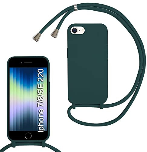 MBSLFY Lanyard Case for iPhone 6/6S/7/8/iPhone SE 2022/SE 2020, Liquid Silicone Protective Phone Case with Strap Adjustable Neck Cord Necklace Soft Cover for iPhone 6/6S/7/8, Dark green
