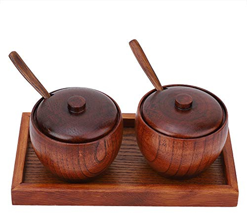 2 uds caja de sal de madera con tapa y cuchara, azucarero de madera con bandeja contenedor de sal de cocina contenedor de sal redondo para sal de pimienta y especias