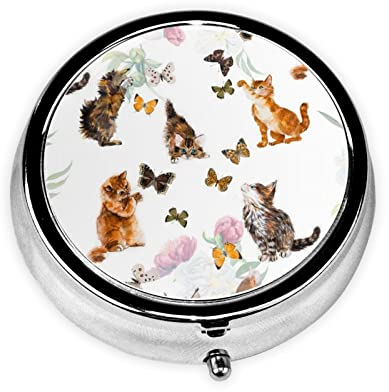 Tragbare runde Pillendose mit Katzen-Schmetterlings-Motiv, kleine Pillendose, Pillen-Organizer, Box für den Außenbereich