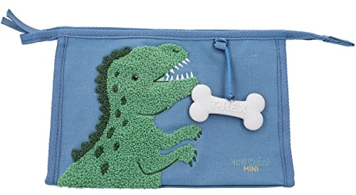 Depesche 12309 Dino World Dino Mini - Waschtasche in Blau, mit Dino-Motiv aus Frotteestoff und Knochen-Anhänger, Kulturbeutel mit Reißverschluss und Aufhänger
