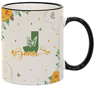 Personalised Floral Butterfly Mug J Letter, Any Letter Alphabet, Gift for Girl, Women, Lady Gift Tea Cocoa Soup Daily use 11oz Ceramic Coloured Rim Coffee Mug. (J, Black Rim)