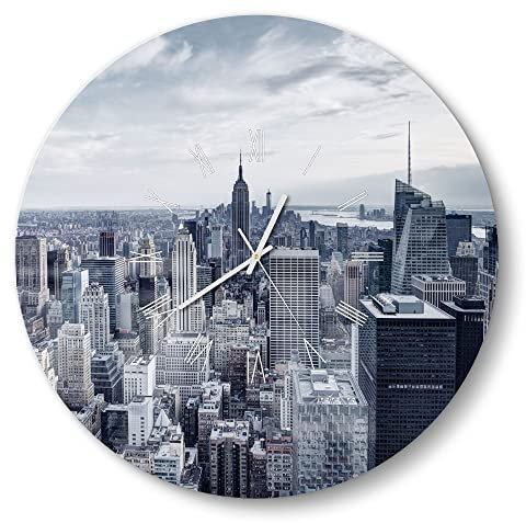 DEQORI Glasuhr | rund Ø 50 cm | Motiv Blaue Skyline New York | große XXL Design Uhr aus Glas | leise Wanduhr für Wohnzimmer & Küche | Moderne Hingucker Uhr für die Wand