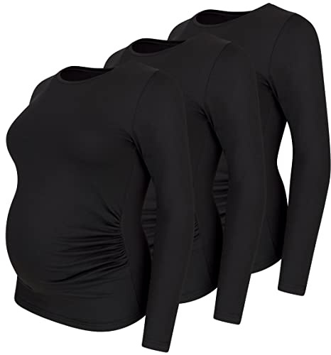 M.M.C. Umstandsshirt Langarm Damen 3er Pack – Umstandsmode Basic, unifarben, mitwachsende Raffung, 95% Baumwolle, S bis XL (3 Schwarz, M)