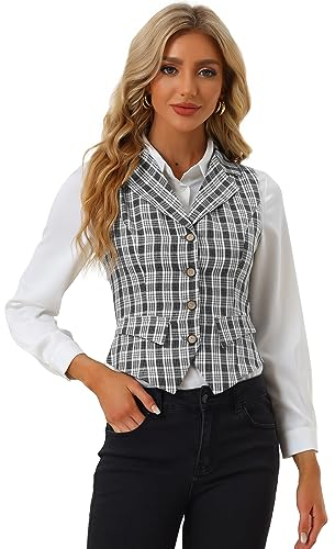 Allegra K Damen Weste Elegant Vintage Karierte Anzugweste Einreihig Reverskragen Ärmellos Westen Schwarz M