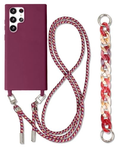 Galful Coque avec Cordon de Collier pour Samsung Galaxy S22 Ultra TPU étui pour téléphone 3 en 1 Bracelet Lanyard Housse en Silicone avec Collier Case pour Samsung S22 Ultra Mince Cover,Rouge foncé