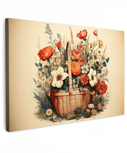 MuchoWow© Leinwandbild Groß 120x80 cm XXL Dekoration Wohnzimmer Bilder Aufhängen Wall Decoration Living Room Wohnungs Deko Moderne Vintage - Blumen - Korb - Beige - Farben
