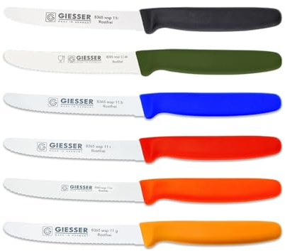 Giesser Messer 6er Set bunt Tomatenmesser Brötchenmesser Allzweckmesser 11cm Wellenschliff 3mm - schwarz olive blau rot orange gelb