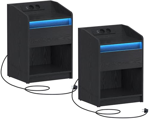 Hzuaneri Nachttisch, mit LED-Licht - Beistelltisch mit Ladestation, 1 Aufbewahrungsschublade Nachttisch für Schlafzimmer, Wohnzimmer, 2 USB-Anschlüsse, 2 Steckdosen, 2er Set, Schwarz NS09104X