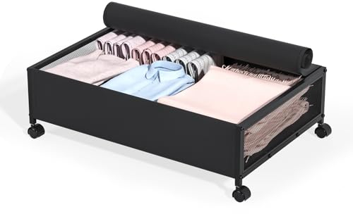 Meisax Unterbett Aufbewahrungsbox, Unterbettkommode mit Rollen und Deckel, Metallrahmen Bettkasten Aufbewahrung, Unterbett Kleidung Aufbewahrung für Decken, Bücher, Spielzeug, Kleidung und Schuhe