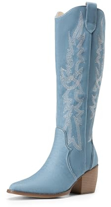 DREAM PAIRS Damen Kniehohe Cowboy Stiefel Spitze Zehenform,Blau Denim,41.5