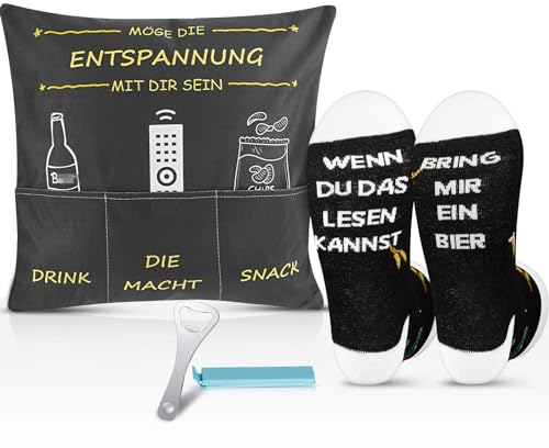 Namalu Set de 4 Regalos para Hombre Papá Funda de Cojín de Almohada 45 x 45 cm Calcetines Divertidos Abridor de Botellas de Acero Inoxidable Clip de Cierre de Plástico para Cumpleaños Día del Padre