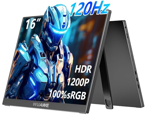WUAWE 16 1200P 120Hz Portable Monitor, 100% sRGB With Built-in Stand, HDR and Freesync, External USB C for Laptop, PC, Phone, Switch, Xbox and PS5 (Black)