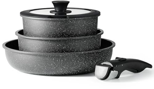 CAROTE Nonstick Cookware Sets, Non Stick Pots and Pans Set Detachable Handle, Kitchen Cookware Sets with Removable Handle, Stackable RV Cookware for Campers, Oven Safe, Midnight Black, 5pcs