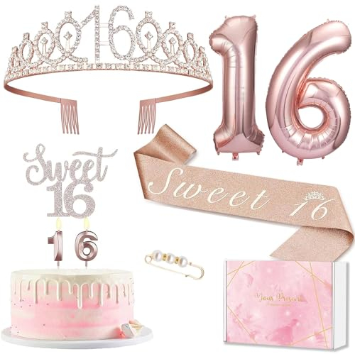 Deko 16 Geburtstag Mädchen, 16. Geburtstagskrone und Schärpe, Tortendeko Geburtstag und Kerzen, Roségold Folienballon 16, 16. Geschenk für Mädchen zum Geburtstagsparty Deko Supplies
