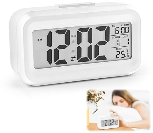 VFANDV Réveil Digital LCD à Piles Grand Ecran - Température, Date, Snooze, Lumineux - Horloge Numérique Portable pour Chambre, Bureau, Voyage - Blanc