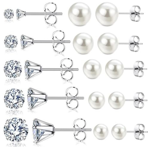 PLABBDPL 10 Paar Perlenohrringe Strass-Ohrringe, Weiße Perlenohrstecker, Damen Ohrstecker, Perlen Ohrringe Damen, Perlenohrstecker, Ohrringe Set für Damen Mädchen, 3-7mm