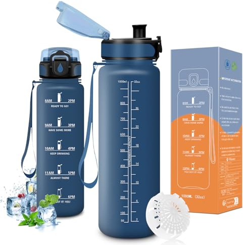 Vikaster Borraccia motivazionale, Borraccia 1000ml, Senza BPA & Prova di Perdite, Bottiglia Acqua Bambini, Scuola, Bici, Palestra, Yoga, Ufficio