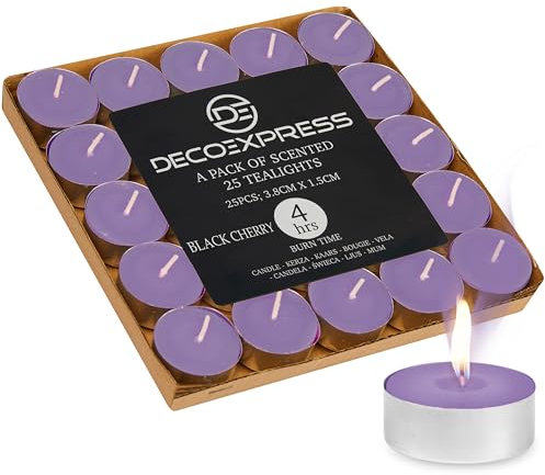 DECO EXPRESS Lot de Bougies Chauffe Plat de 200, 100, 50, 25 ou 24, Bougie Longue Durée de Combustion 4, 8 ou 10 Heures (Cerise Noire 25/4 heures)