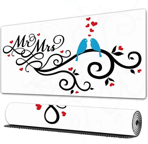 EOMKSE Mauspad Verlängertes großes Mauspad Schreibtischauflage,genähte Kanten Mauspad,Gummibasis,Mr. Right und Mrs. im Vogelsymbol,Gaming-Mauspad,30x80 cm