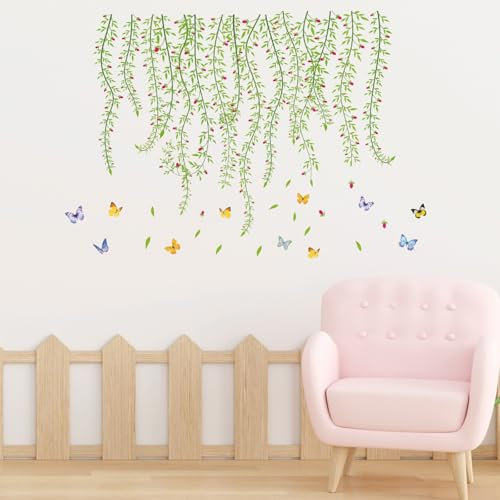 Butterfly Wall Stickers & Murals - Green Vine Leaves Decals Hanging Evergreen Plants Walls Sticker for Living Room Bedroom Office Décor Kitchen Wallpapers 0407