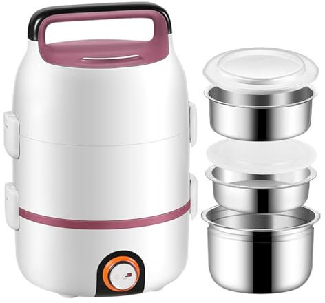 Suafif Electric Lunch Box, 200W Faster Food Heater 2.0L Large Capacity 3-Layer Food Warmer Portable 6 in 1 Heated Lunch Box with Handle and Egg Steaming Rack, Pink