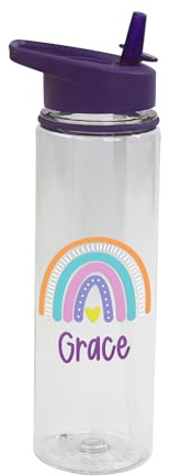 eBuyGB Personalised Rainbow Flip Straw Bottle, Coloured Lid, Children’s Drinks Bottle, Primary School, Nursery Water Bottle, Back To School Bottle (Purple)