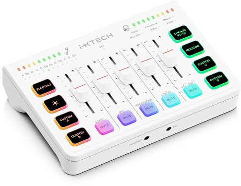 IXTECH Gaming Audio Mixer 4 Channel Soundboard, Streaming RGB PC Audio Interface with XLR Microphone Support, Audio Equalizer for Gaming Podcast Streaming Karaoke, Individual Volume Controls (White)