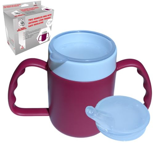 Dr. Bone's Therapeutics ® Two Handled Mug with Internal Cone Blue with Spouted Lid with Small Opening, Drinking aid 140 ml (BlackBerry 2 Lids)