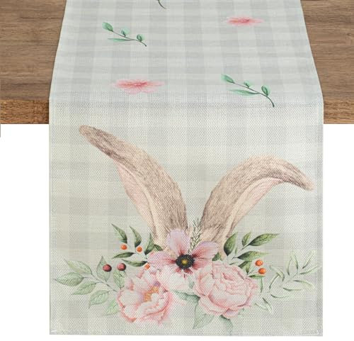 QINJIEJIE Tischläufer Frühling Ostern Linen Tischläufer Oster Hase Blume Table Runner Ostern Deko Abwaschbar Tisch Läufer für Ostern Party Zuhause Küche Esstisch Festival Dekoration 180x35cm