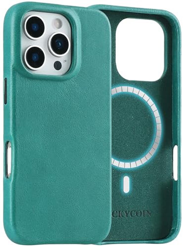 LUCKYCOIN Magnetic Phone Case for iPhone 16 Pro 6.3 in,Compatible with MagSafe Wireless Charging,Genuine Leather Case with Metal Buttons,Shockproof Screen Protector Phone Bumper Cover-Green