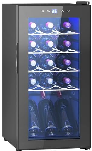 HOMCOM Cantinetta Vino Refrigerata 15 Bottiglie 44L Cantina Vino Monotemperatura 5-18℃ Cantina Vino Bar con Vetro Anti UV, Compressore, Ripiani Regolabile, Display Touch, Luci LED, Classe G, Nero