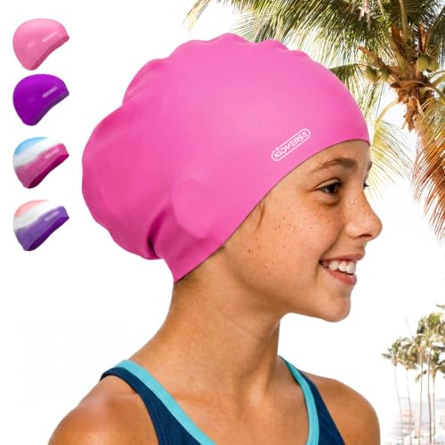 KIDVERSE Badekappe Kinder Lange Haare - Schwimmhaube Kinder mit Anti-Rutsch-Noppen - Badekappen für Schwimmer mit UV Schutz - Badehauben für Lange & voluminöse Haare