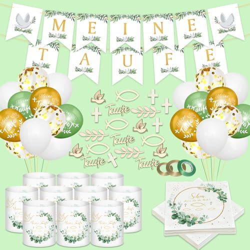 Taufe Deko Set, Taufe Luftballons Servietten Taufdeko, Junge Mädchen Deko Taufe, Meine Taufe Girlande, Taufe Dekoration, Holzfische Kommunion Streudeko, Spruch Schön dass du da bist
