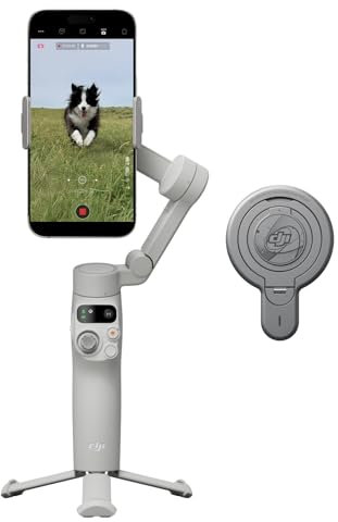 DJI Osmo Mobile 7 + Supporto magnetico a sgancio rapido (per iPhone), Stabilizzatore per iPhone, Treppiede integrato, Ultra-leggero, Stabilizzatore 3 assi per smartphone, ActiveTrack 7.0