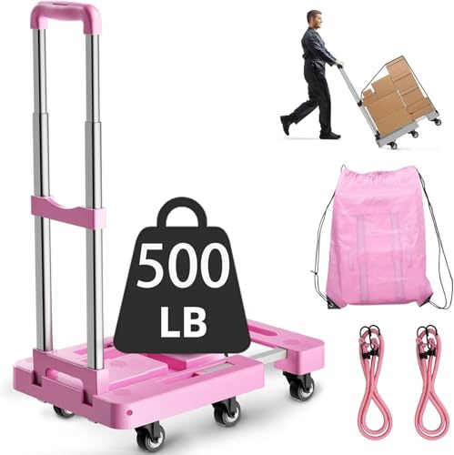 Folding Hand Truck, 6-Wheel Heavy Duty Trolley, 500 lbs Capacity, Adjustable Handle & Base, Portable Dolly for Moving, Office & Travel – Includes 2 Ropes & Storage Bag (Pink)
