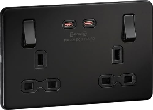 Screwless Double Switched Socket with Dual USB-C [65W Fast Charge] – Matt Black