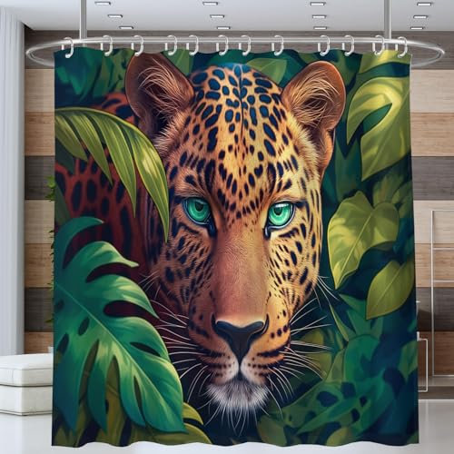 Cortina de Ducha, Cortina de Ducha de Poliéster Hermoso Guepardo Monstera, Cortinas de Baño Antimoho Impermeable Lavable, para Ducha y Baño, 180 x 180 cm con 12 Ganchos(Verde)