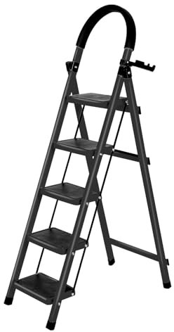 Scaletta in acciaio a 5 gradini Sgabello a piedi pieghevole scala con piedi antiscivolo max 180 kg-152 x 87 x 39 cm - 5 gradini (nero)