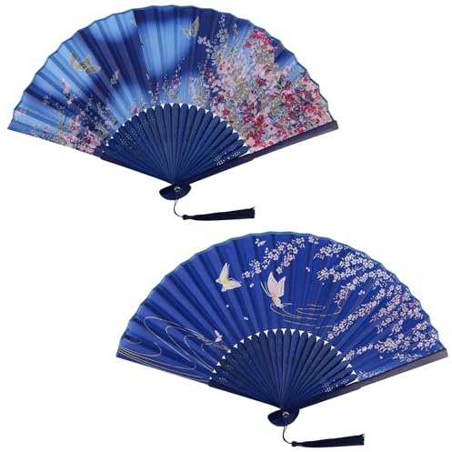 AOOTUERL Fächer Hochzeit, 2 pack Bambus Handfächer, Chinesischer Blumen Stoff Handfächer, Hand Fan Asiatische Deko für Geburttag, Party, Wedding, Fotografie, Wand Dekoration
